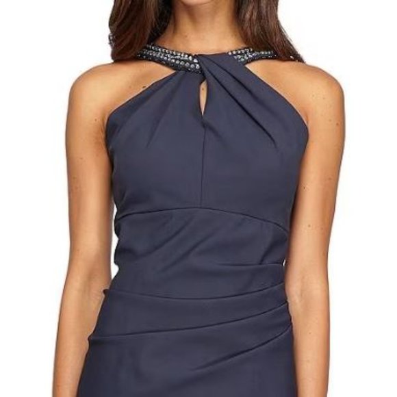 Alex Evenings embellished Halter Neck Sleeveless Ruched Sheath Dress NWT  grey 8 - Picture 3 of 8